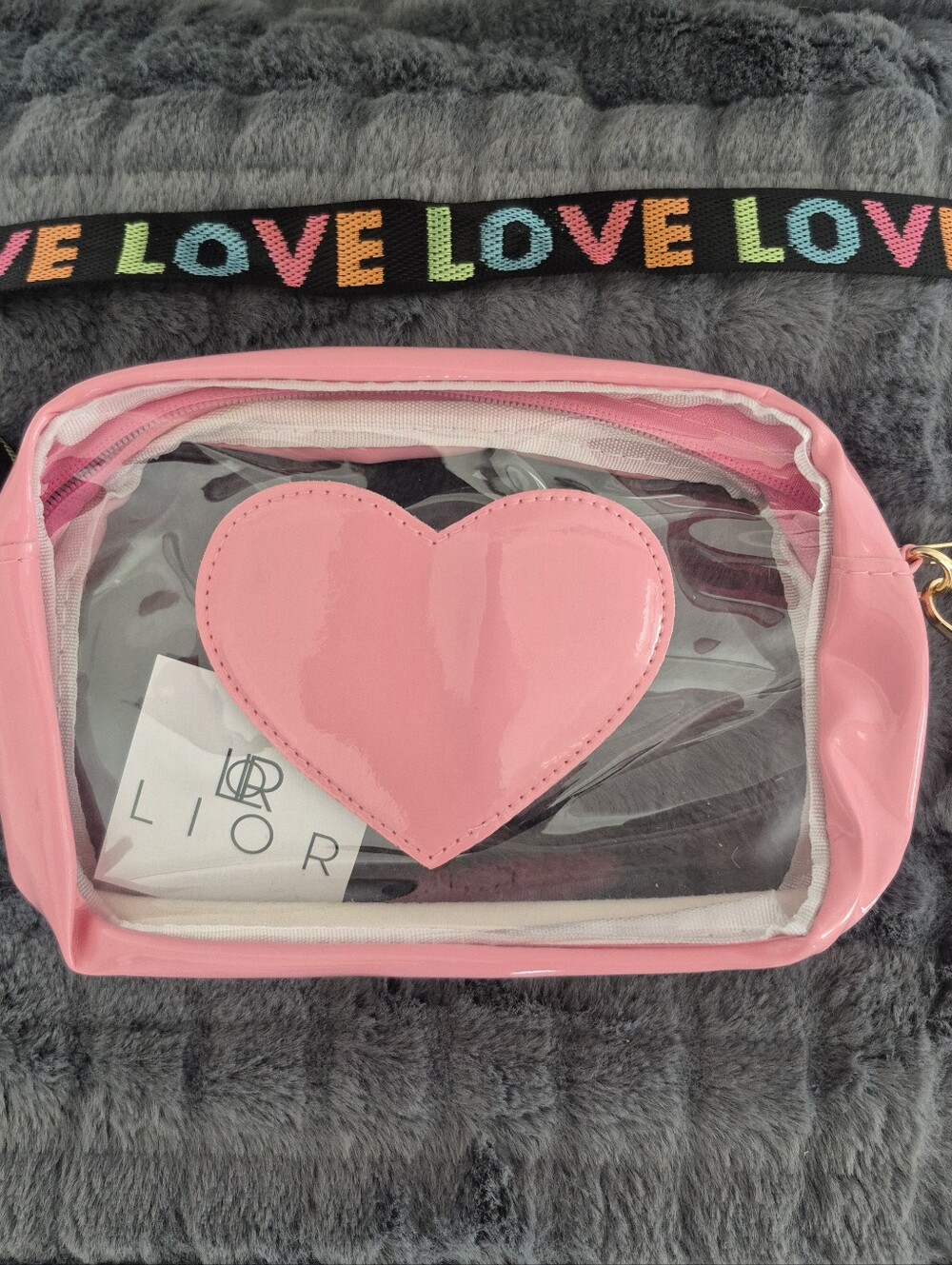 Lior Pink Clear Heart Crossbody Bag with LOVE Strap